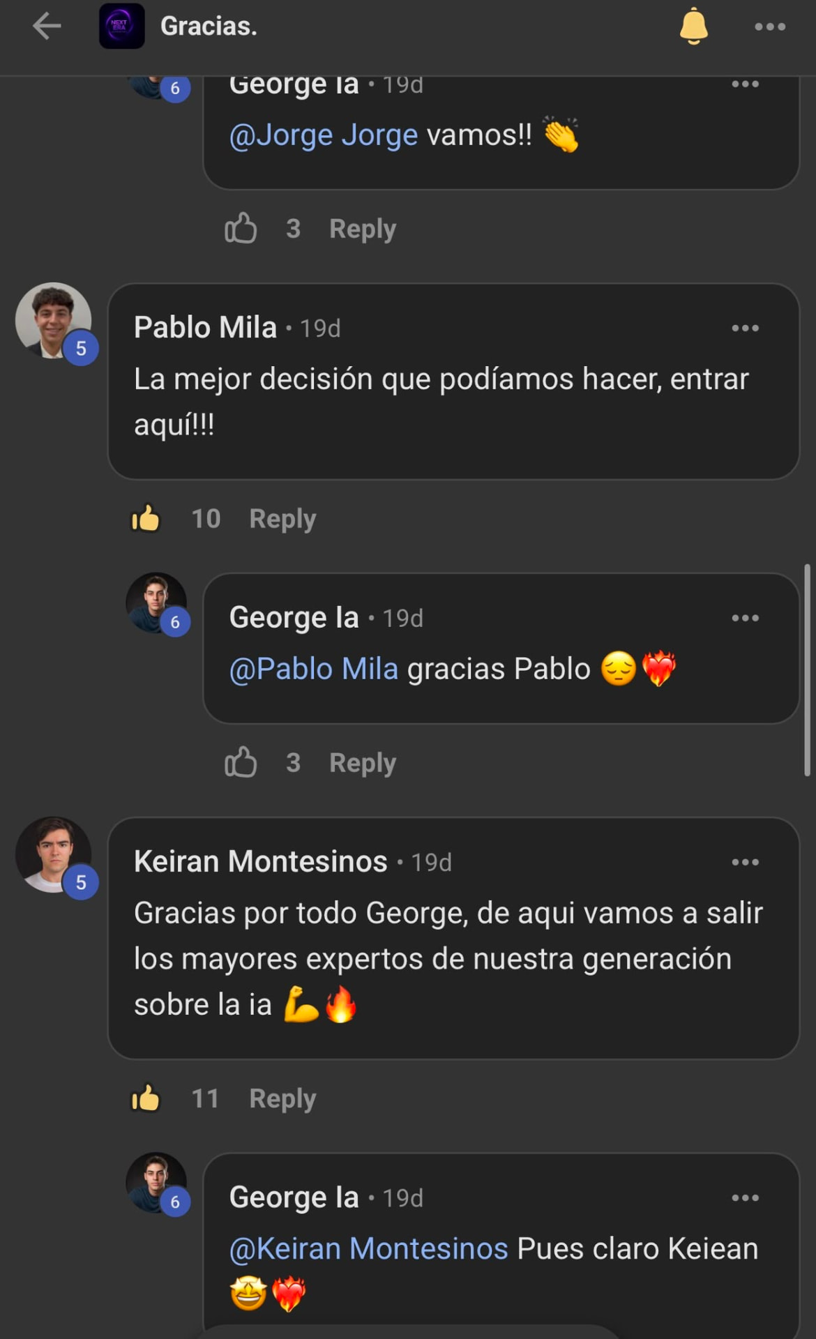 Comentarios de Pablo Mila y Keiran Montesinos agradeciendo